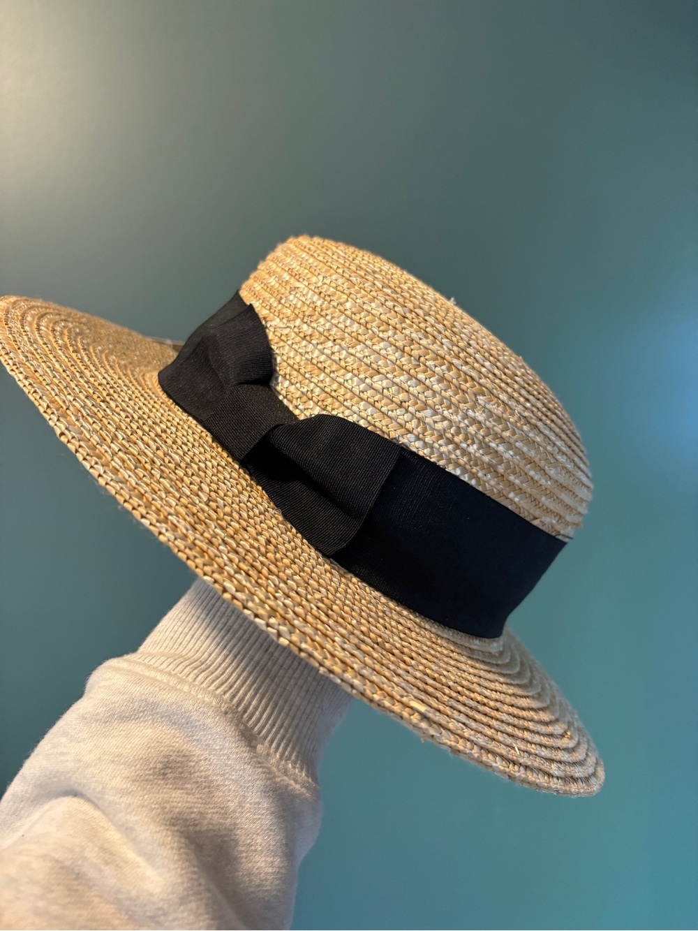 Vintage Straw Boater Sun Hat Black Ribbon Bow Adjustable One Size NWT